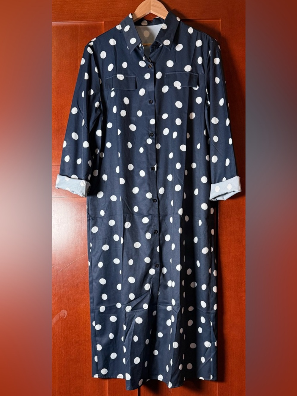 Navy & White Polka Dot Button-Front Midi Shirt Dress NWOT Size XL
